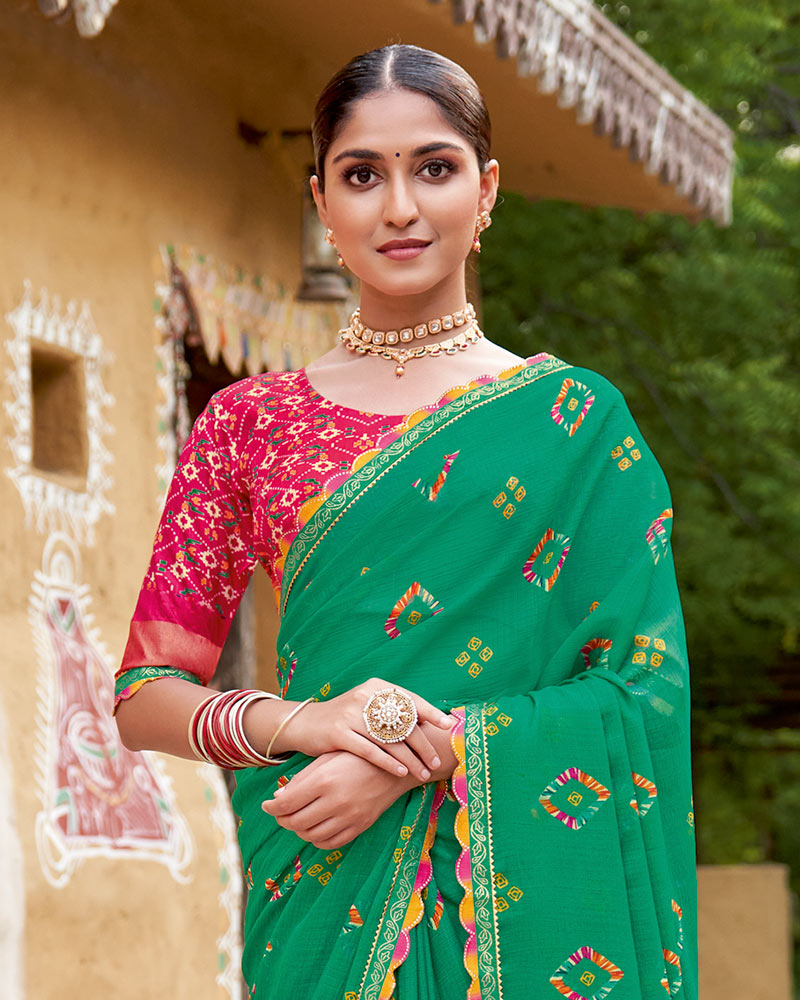 Vishal Prints Tropical Green Printed Chiffon Traditional Print Saree With Cut Work Border