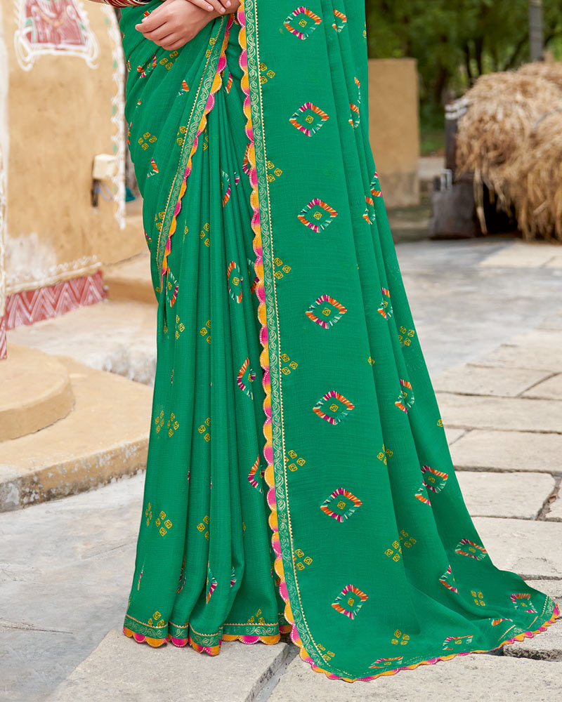 Vishal Prints Tropical Green Printed Chiffon Traditional Print Saree With Cut Work Border