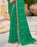 Vishal Prints Tropical Green Printed Chiffon Traditional Print Saree With Cut Work Border