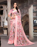 Vishal Prints Flamingo Pink Printed Georgette Digital Print Saree With Weaved Satin Patta