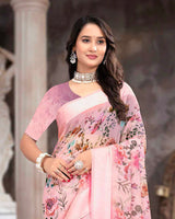 Vishal Prints Flamingo Pink Printed Georgette Digital Print Saree With Weaved Satin Patta