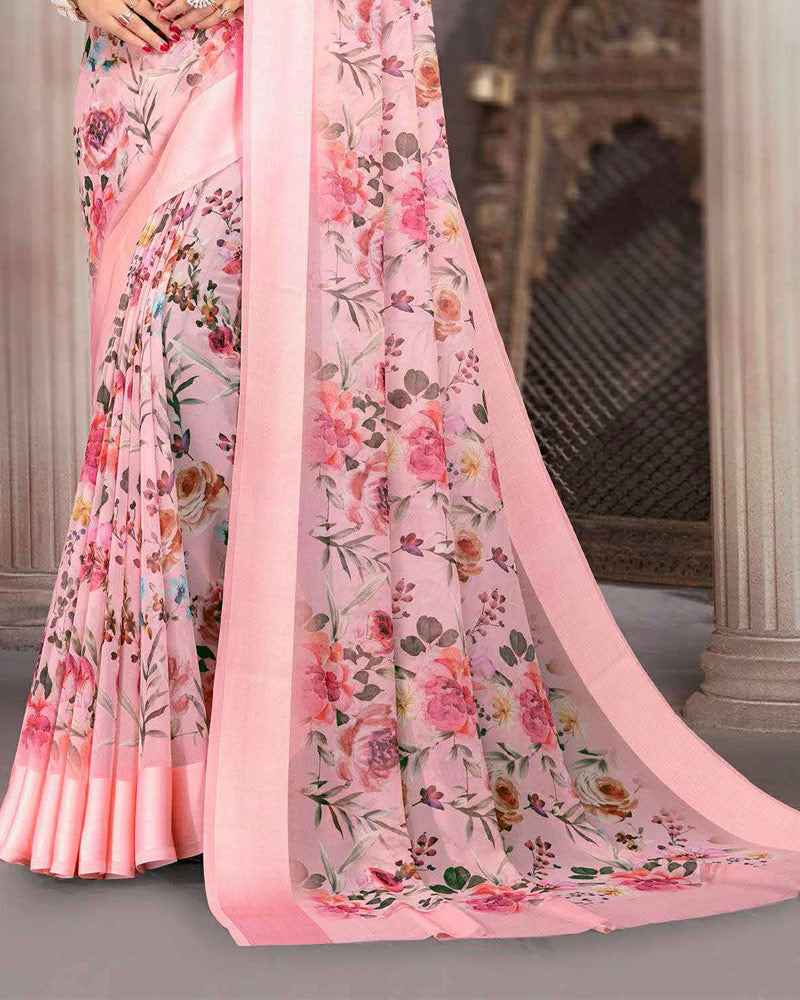 Vishal Prints Flamingo Pink Printed Georgette Digital Print Saree With Weaved Satin Patta