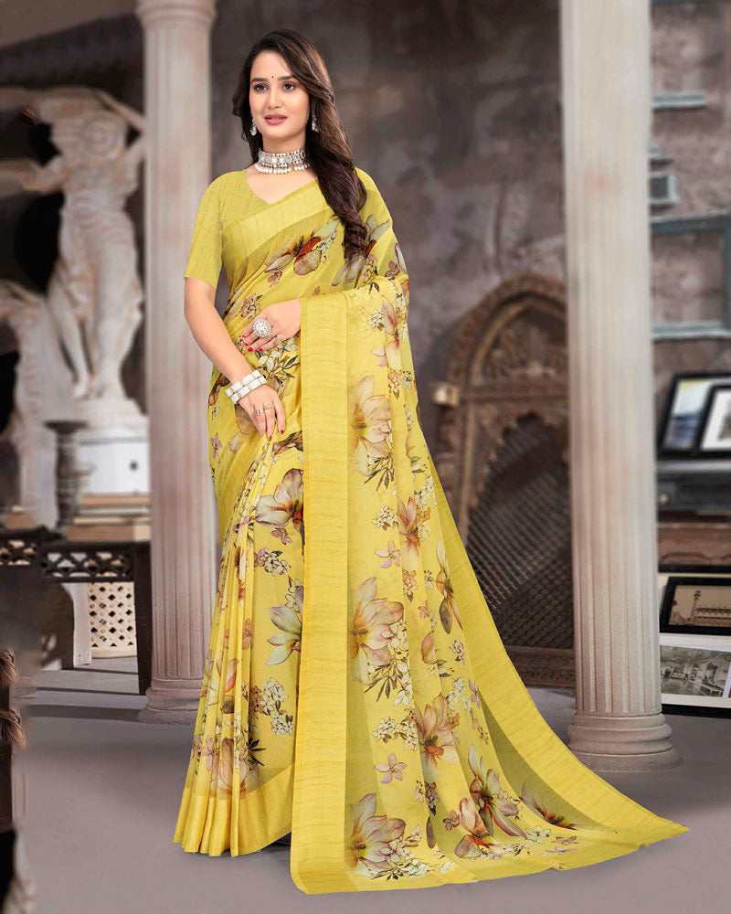Vishal Prints Pastel Yellow Printed Georgette Digital Print Saree With Weaved Satin Patta