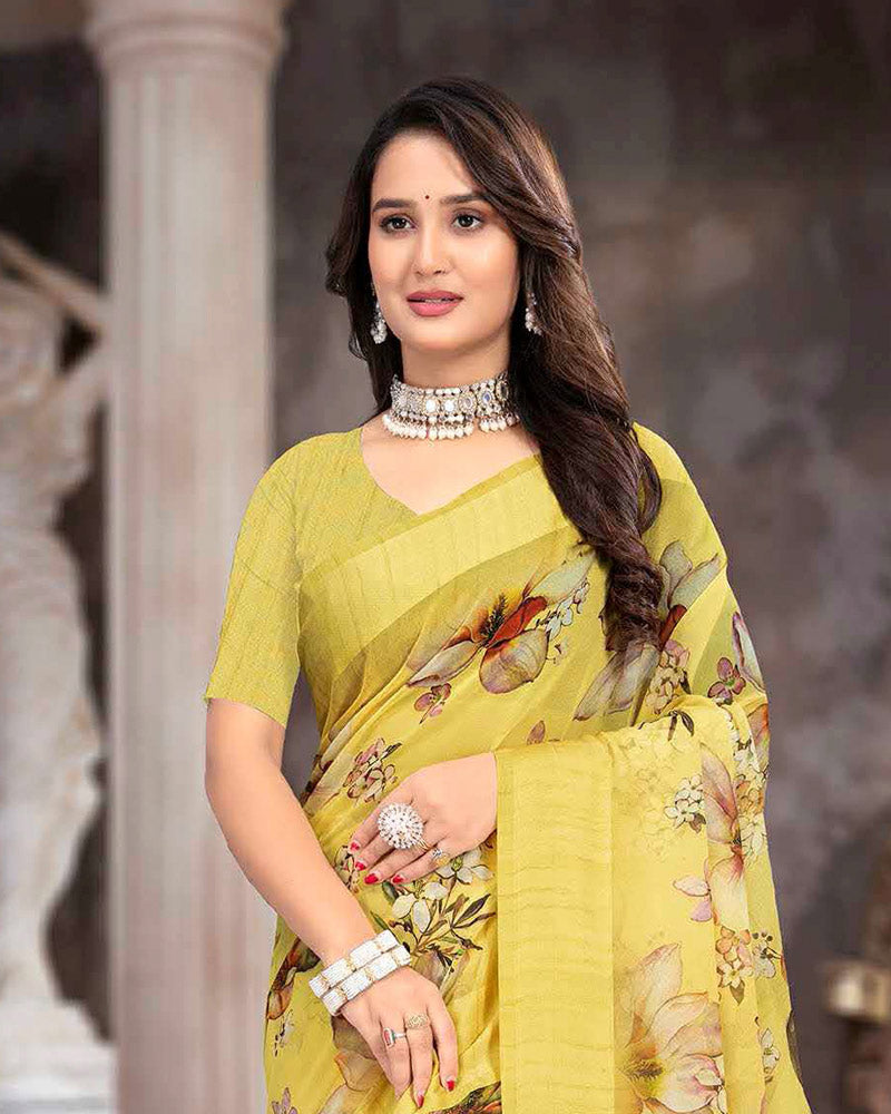 Vishal Prints Pastel Yellow Printed Georgette Digital Print Saree With Weaved Satin Patta