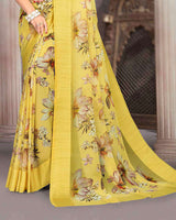 Vishal Prints Pastel Yellow Printed Georgette Digital Print Saree With Weaved Satin Patta