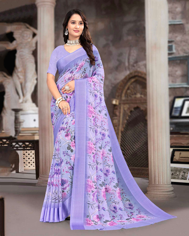 Vishal Prints Pastel Purple Printed Georgette Digital Print Saree With Weaved Satin Patta