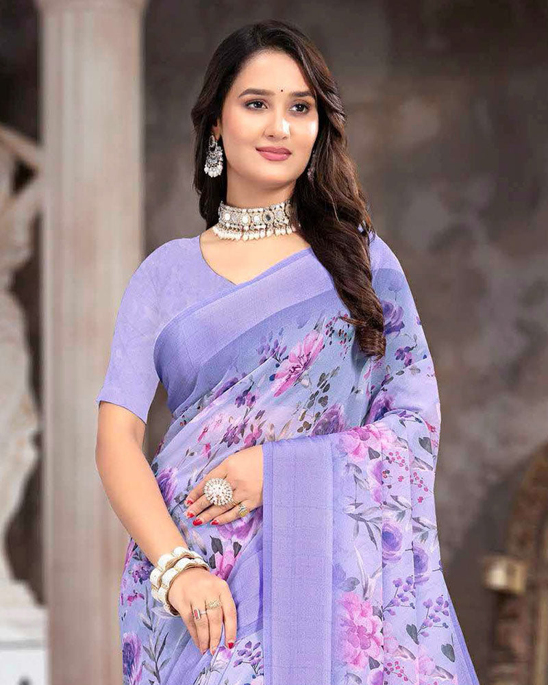Vishal Prints Pastel Purple Printed Georgette Digital Print Saree With Weaved Satin Patta