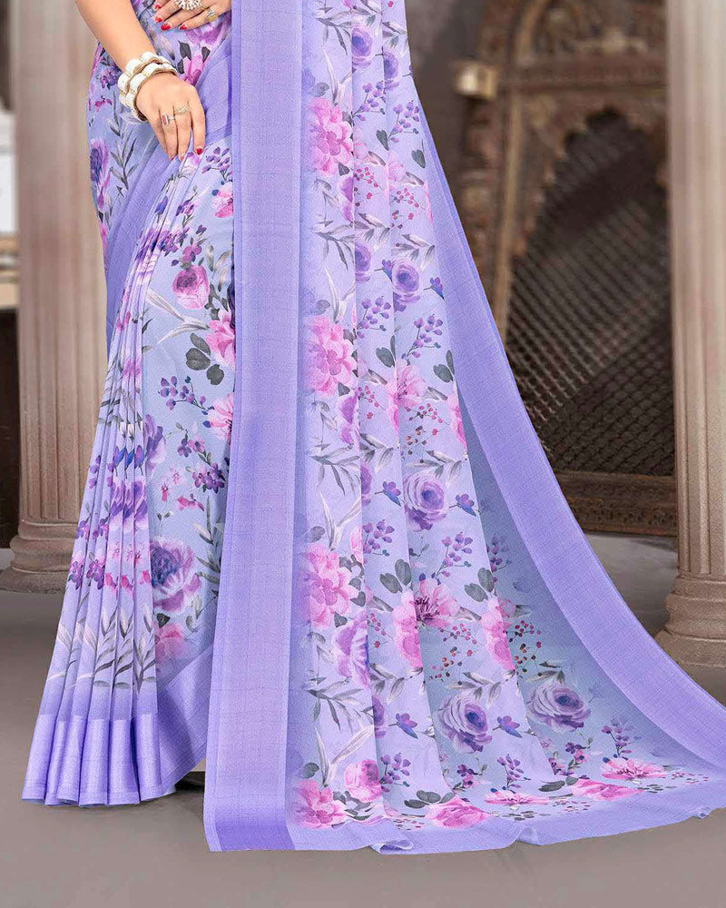 Vishal Prints Pastel Purple Printed Georgette Digital Print Saree With Weaved Satin Patta