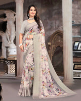 Vishal Prints Pastel Grey Printed Georgette Digital Print Saree With Weaved Satin Patta