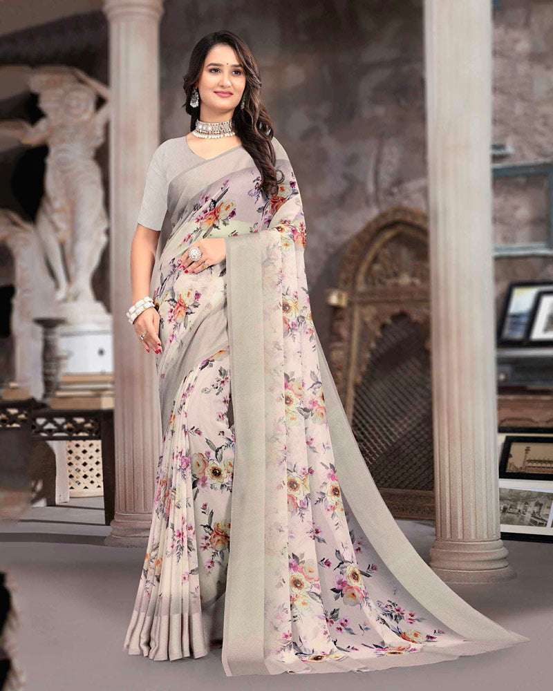 Vishal Prints Pastel Grey Printed Georgette Digital Print Saree With Weaved Satin Patta