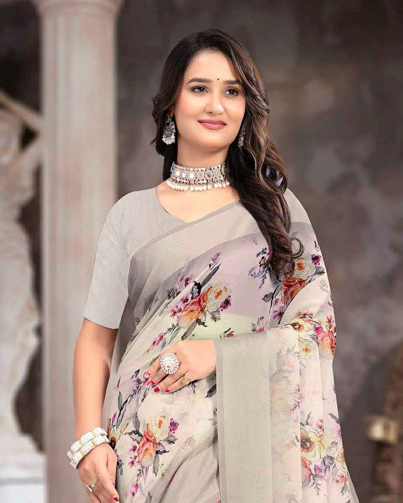Vishal Prints Pastel Grey Printed Georgette Digital Print Saree With Weaved Satin Patta