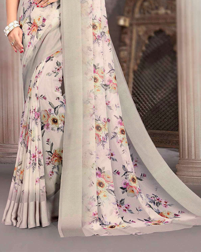 Vishal Prints Pastel Grey Printed Georgette Digital Print Saree With Weaved Satin Patta