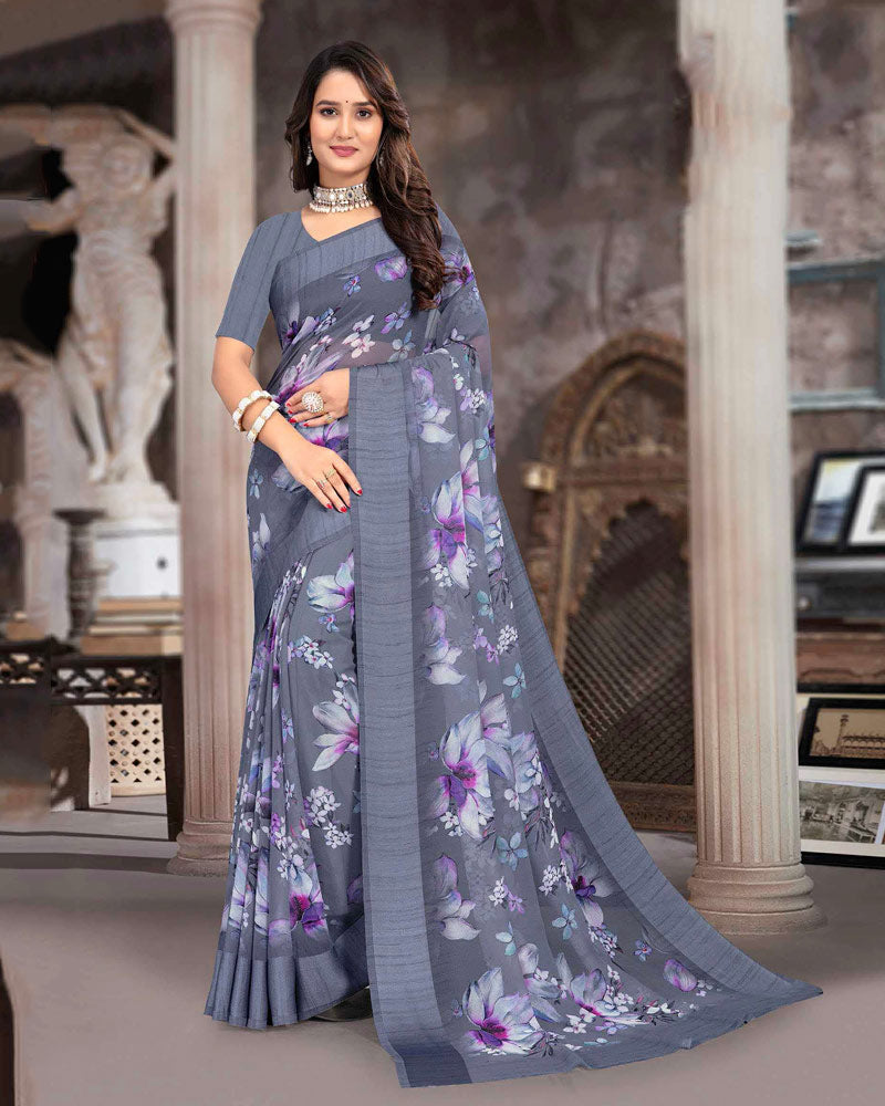 Vishal Prints Slate Grey Printed Georgette Digital Print Saree With Weaved Satin Patta