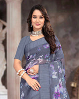 Vishal Prints Slate Grey Printed Georgette Digital Print Saree With Weaved Satin Patta