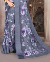 Vishal Prints Slate Grey Printed Georgette Digital Print Saree With Weaved Satin Patta
