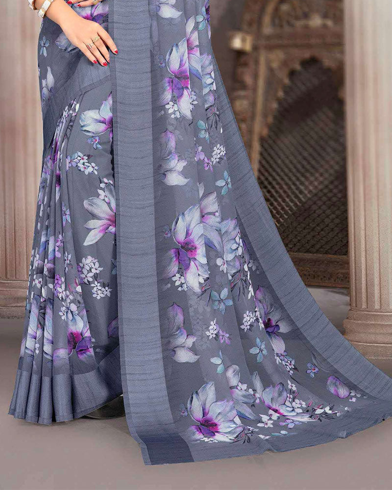 Vishal Prints Slate Grey Printed Georgette Digital Print Saree With Weaved Satin Patta