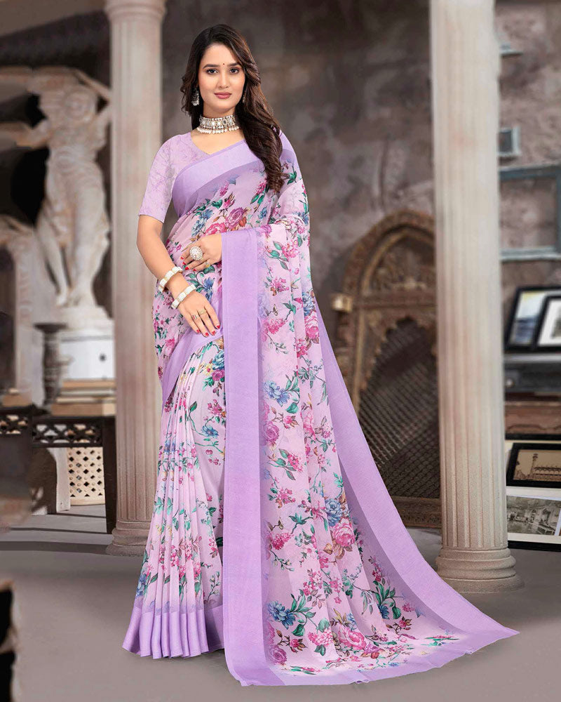 Vishal Prints Paste Violet Printed Georgette Digital Print Saree With Weaved Satin Patta