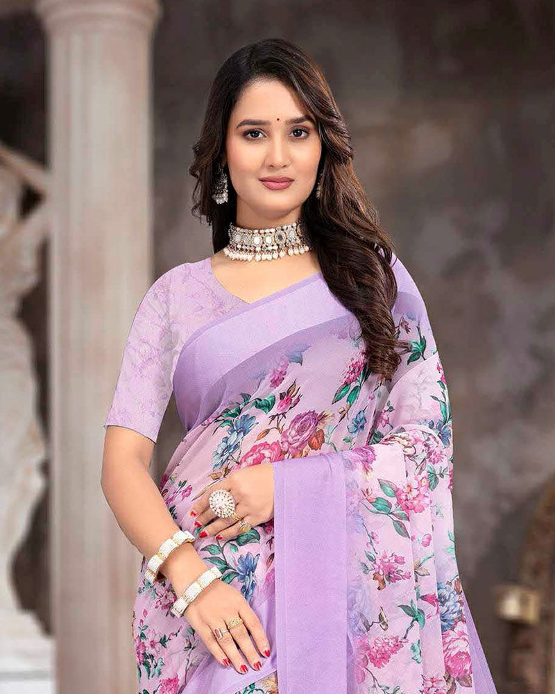 Vishal Prints Paste Violet Printed Georgette Digital Print Saree With Weaved Satin Patta