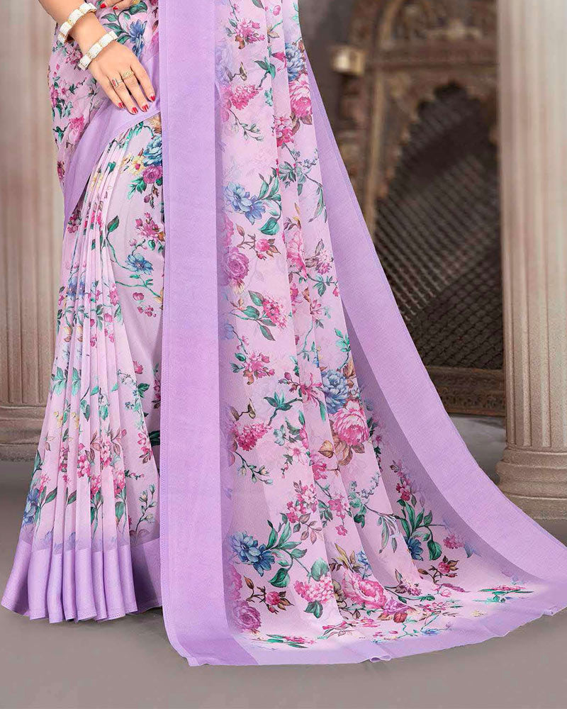 Vishal Prints Paste Violet Printed Georgette Digital Print Saree With Weaved Satin Patta