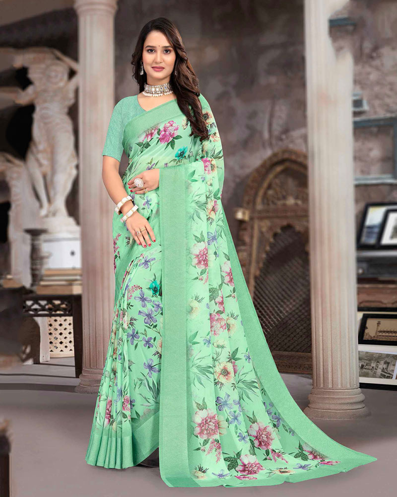 Vishal Prints Pastel Green Printed Georgette Digital Print Saree With Weaved Satin Patta