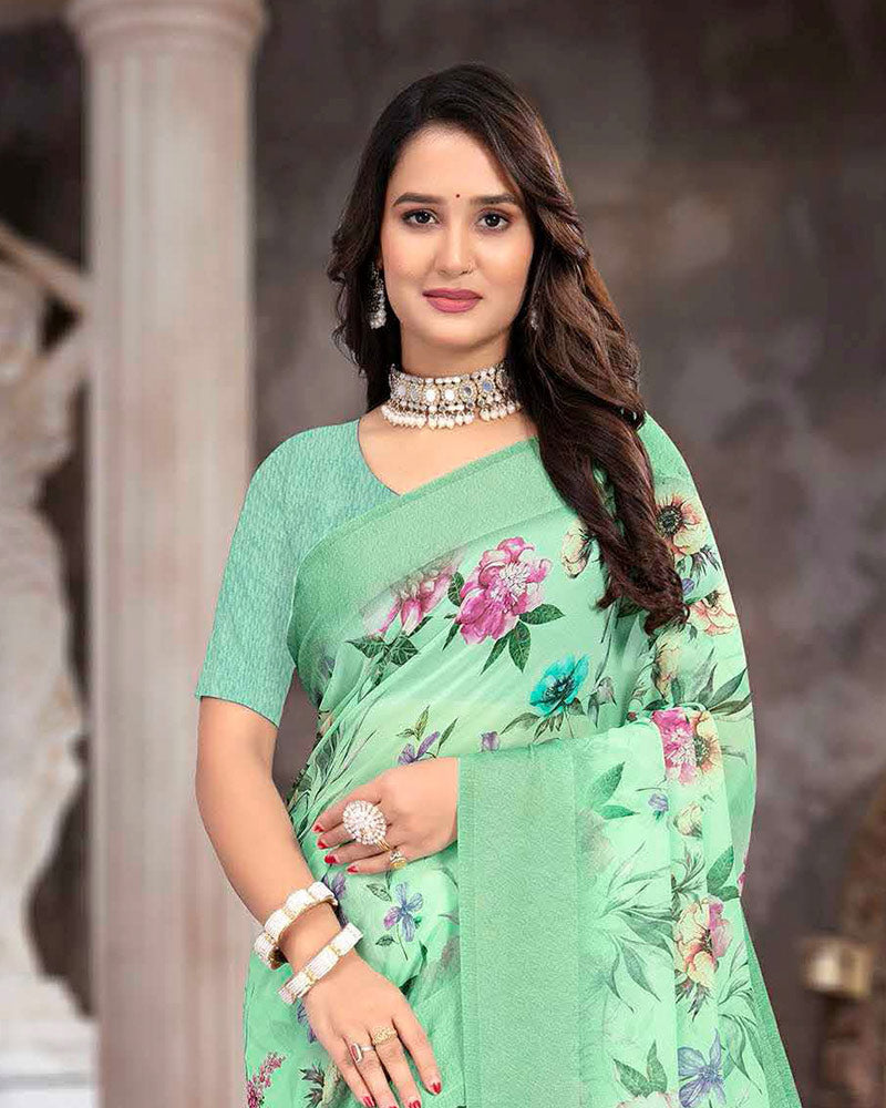 Vishal Prints Pastel Green Printed Georgette Digital Print Saree With Weaved Satin Patta