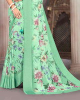 Vishal Prints Pastel Green Printed Georgette Digital Print Saree With Weaved Satin Patta