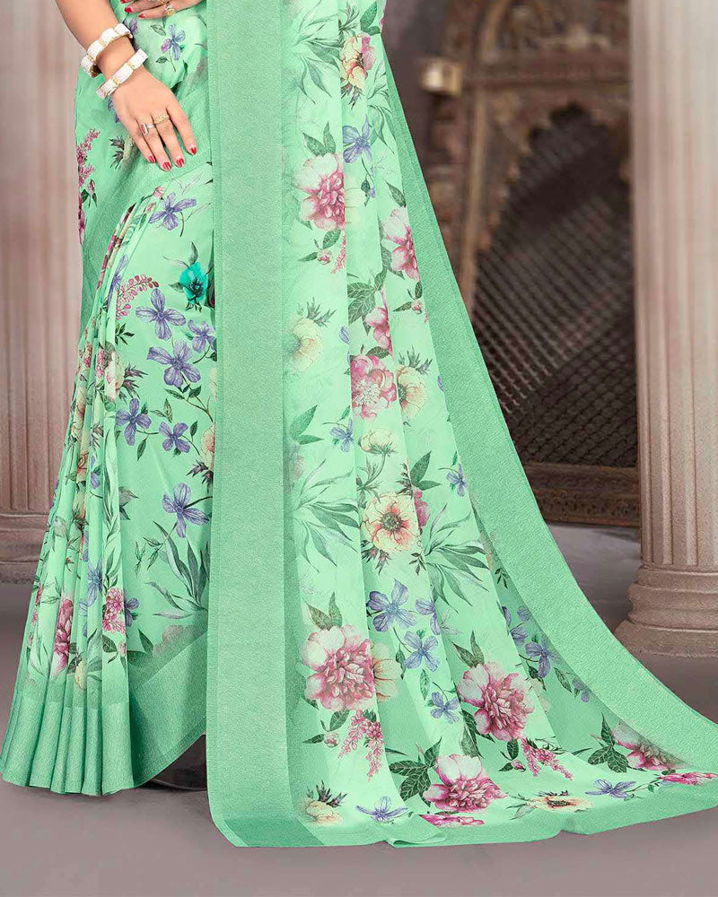 Vishal Prints Pastel Green Printed Georgette Digital Print Saree With Weaved Satin Patta