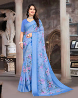 Vishal Prints Pastel Blue Printed Georgette Digital Print Saree With Weaved Satin Patta