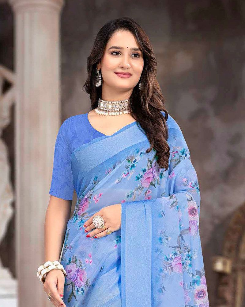 Vishal Prints Pastel Blue Printed Georgette Digital Print Saree With Weaved Satin Patta