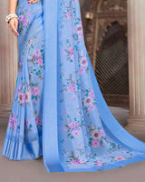 Vishal Prints Pastel Blue Printed Georgette Digital Print Saree With Weaved Satin Patta
