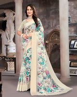 Vishal Prints Royal Off White Printed Georgette Digital Print Saree With Weaved Satin Patta