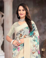 Vishal Prints Royal Off White Printed Georgette Digital Print Saree With Weaved Satin Patta