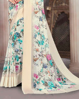 Vishal Prints Royal Off White Printed Georgette Digital Print Saree With Weaved Satin Patta