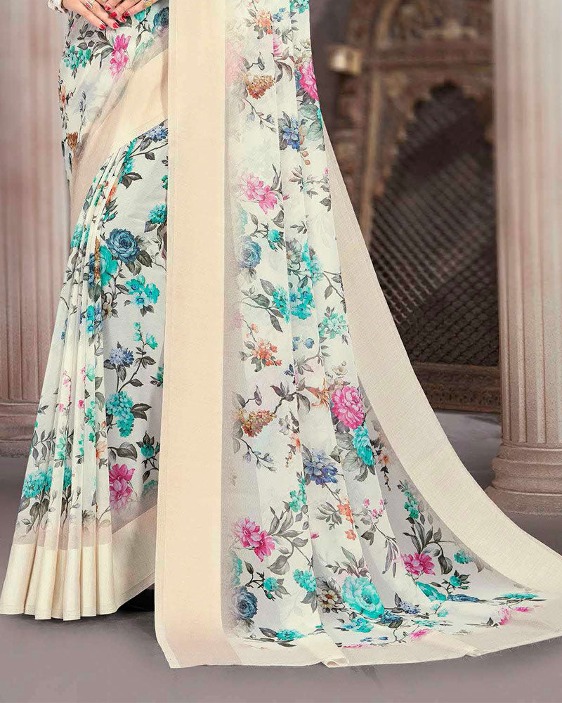 Vishal Prints Royal Off White Printed Georgette Digital Print Saree With Weaved Satin Patta