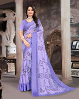 Vishal Prints Dusty Lavender Printed Georgette Digital Print Saree With Weaved Satin Patta