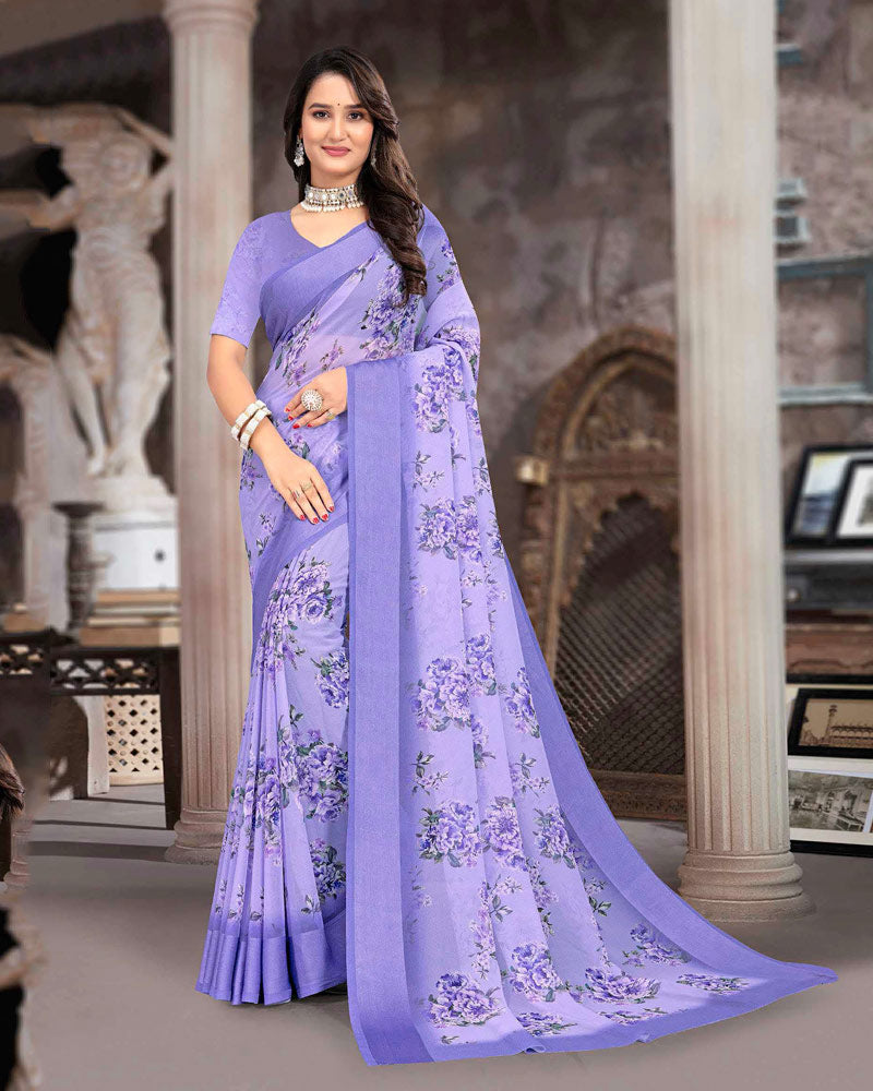 Vishal Prints Dusty Lavender Printed Georgette Digital Print Saree With Weaved Satin Patta