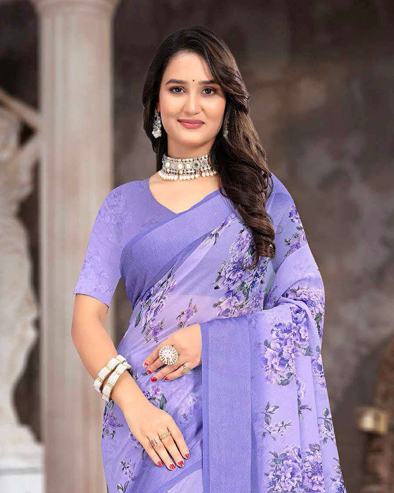 Vishal Prints Dusty Lavender Printed Georgette Digital Print Saree With Weaved Satin Patta