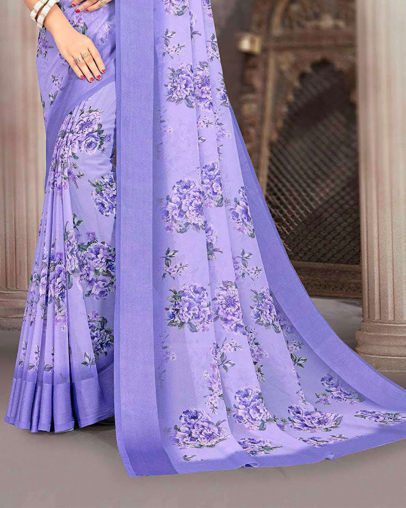 Vishal Prints Dusty Lavender Printed Georgette Digital Print Saree With Weaved Satin Patta