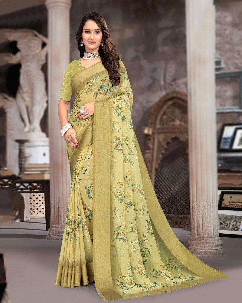 Vishal Prints Ginger Brown Printed Georgette Digital Print Saree With Weaved Satin Patta