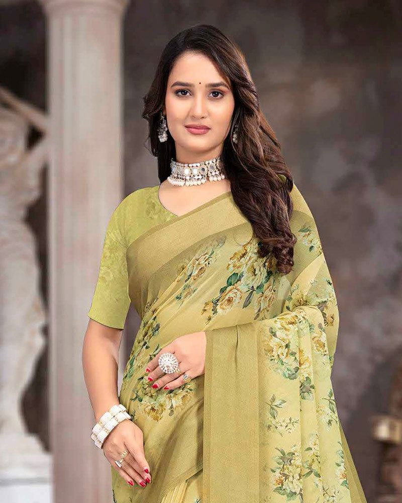 Vishal Prints Ginger Brown Printed Georgette Digital Print Saree With Weaved Satin Patta