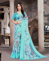 Vishal Prints Pastel Aqua Blue Printed Georgette Digital Print Saree With Weaved Satin Patta