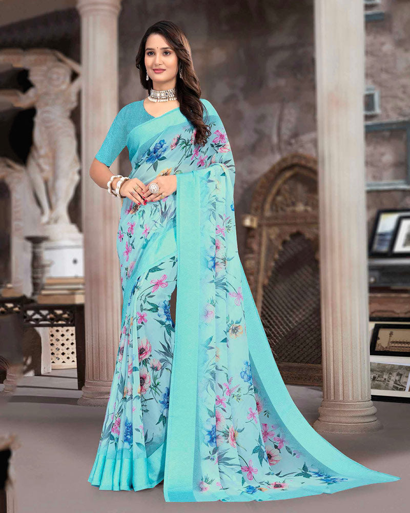 Vishal Prints Pastel Aqua Blue Printed Georgette Digital Print Saree With Weaved Satin Patta
