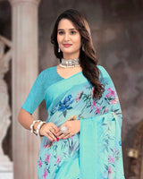 Vishal Prints Pastel Aqua Blue Printed Georgette Digital Print Saree With Weaved Satin Patta