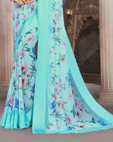 Vishal Prints Pastel Aqua Blue Printed Georgette Digital Print Saree With Weaved Satin Patta