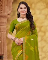 Vishal Prints Dark Olive Green Printed Georgette Saree With Foil Print And Fancy Border