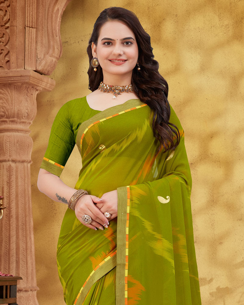 Vishal Prints Dark Olive Green Printed Georgette Saree With Foil Print And Fancy Border