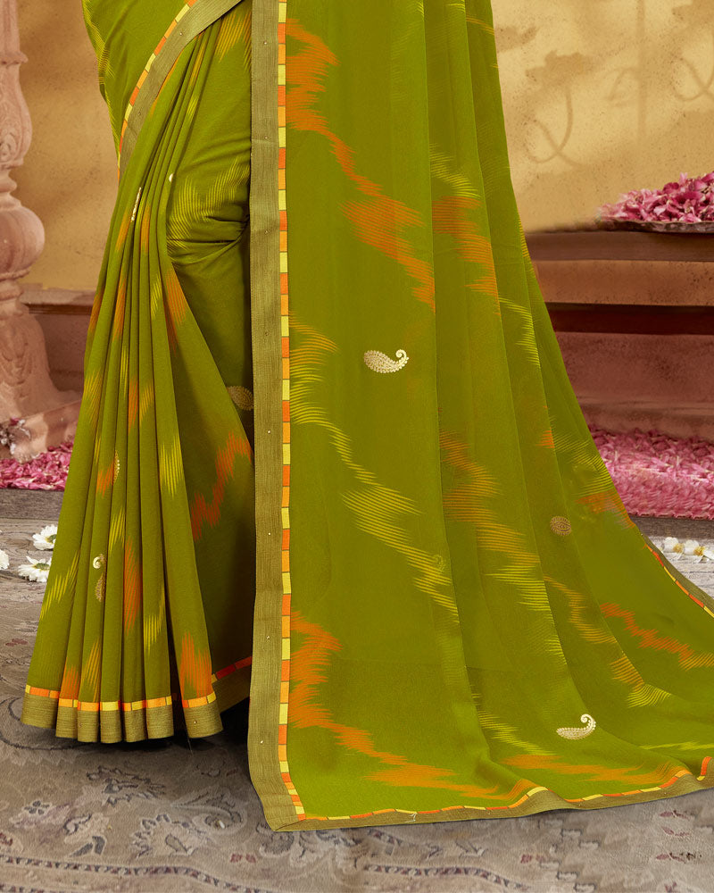 Vishal Prints Dark Olive Green Printed Georgette Saree With Foil Print And Fancy Border