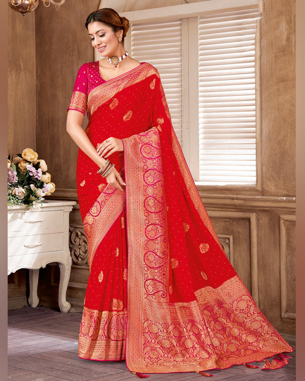 Vishal Prints Venetian Red Designer Art Silk Saree With Zari Weaving And Diamond Work With Tassel