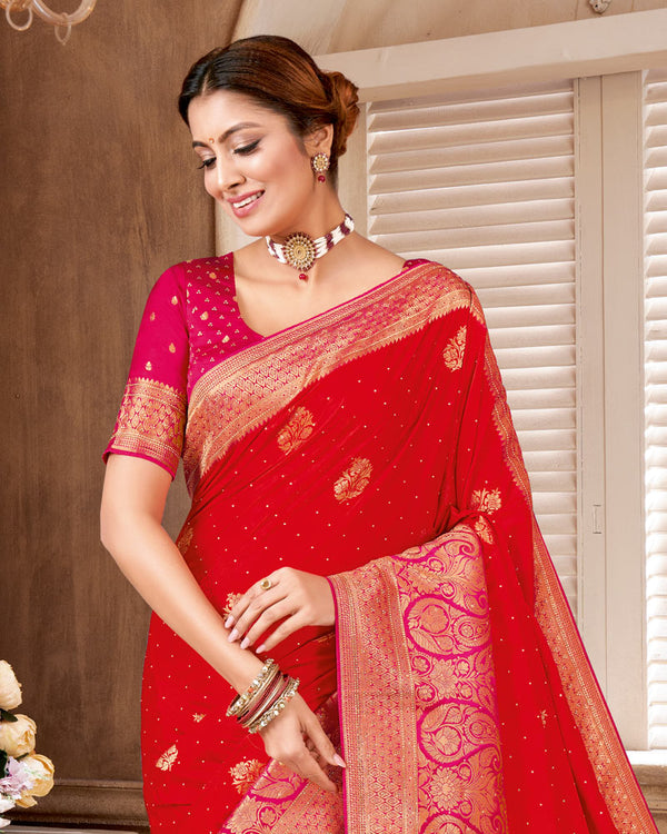 Vishal Prints Venetian Red Designer Art Silk Saree With Zari Weaving And Diamond Work With Tassel