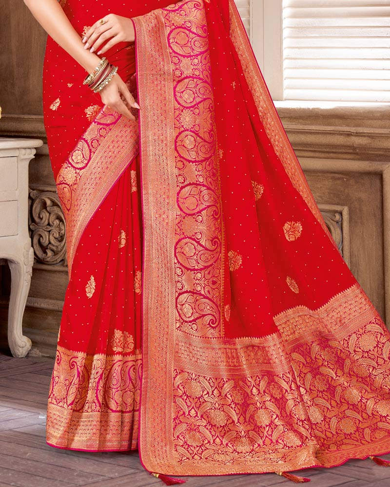 Vishal Prints Venetian Red Designer Art Silk Saree With Zari Weaving And Diamond Work With Tassel